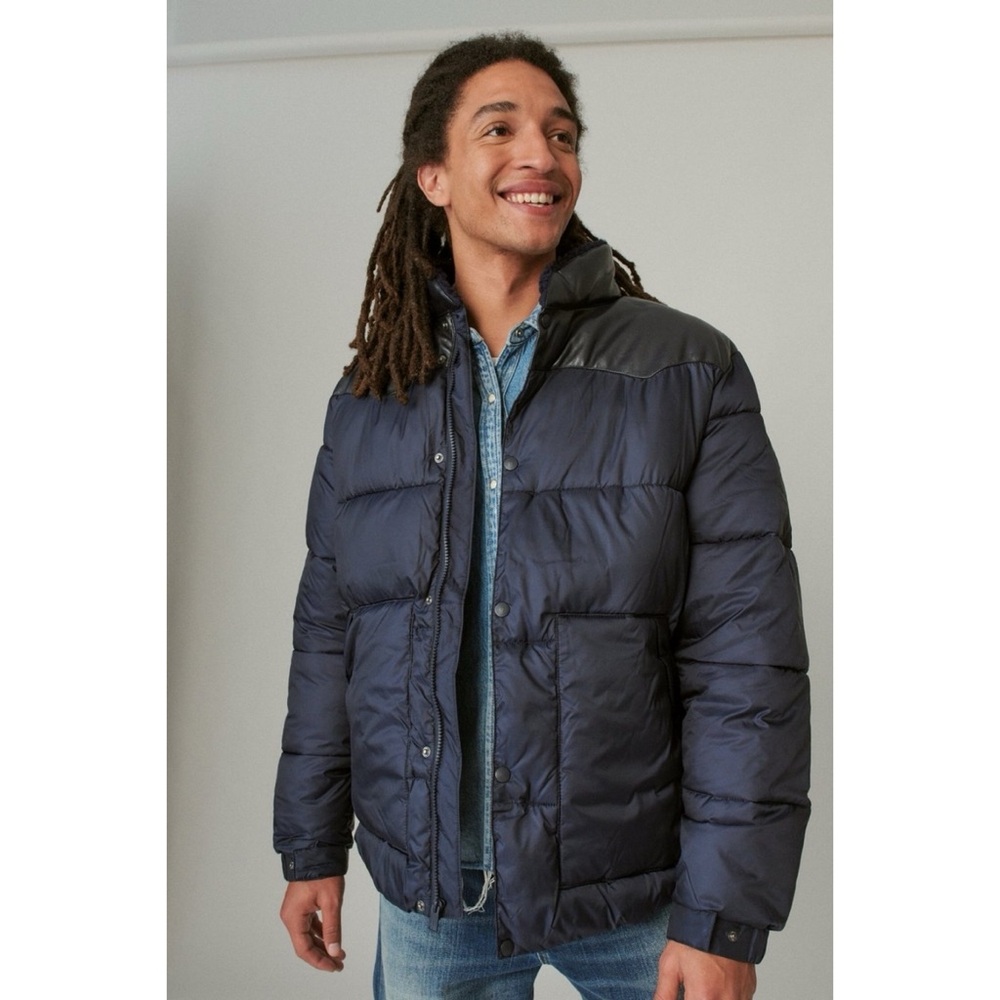 Lucky Brand Navy Western Vegan Leather Quilted Puffer Jacket Winter Coat